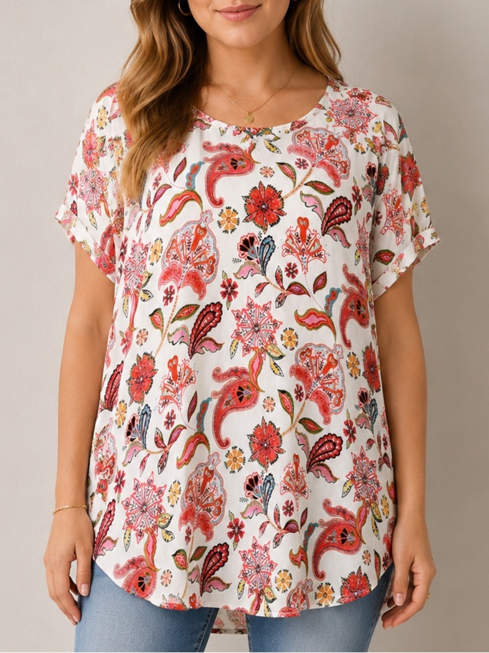 Mango MNG Floral Tunic Blouse Top Pink White Paisley Print Size 4